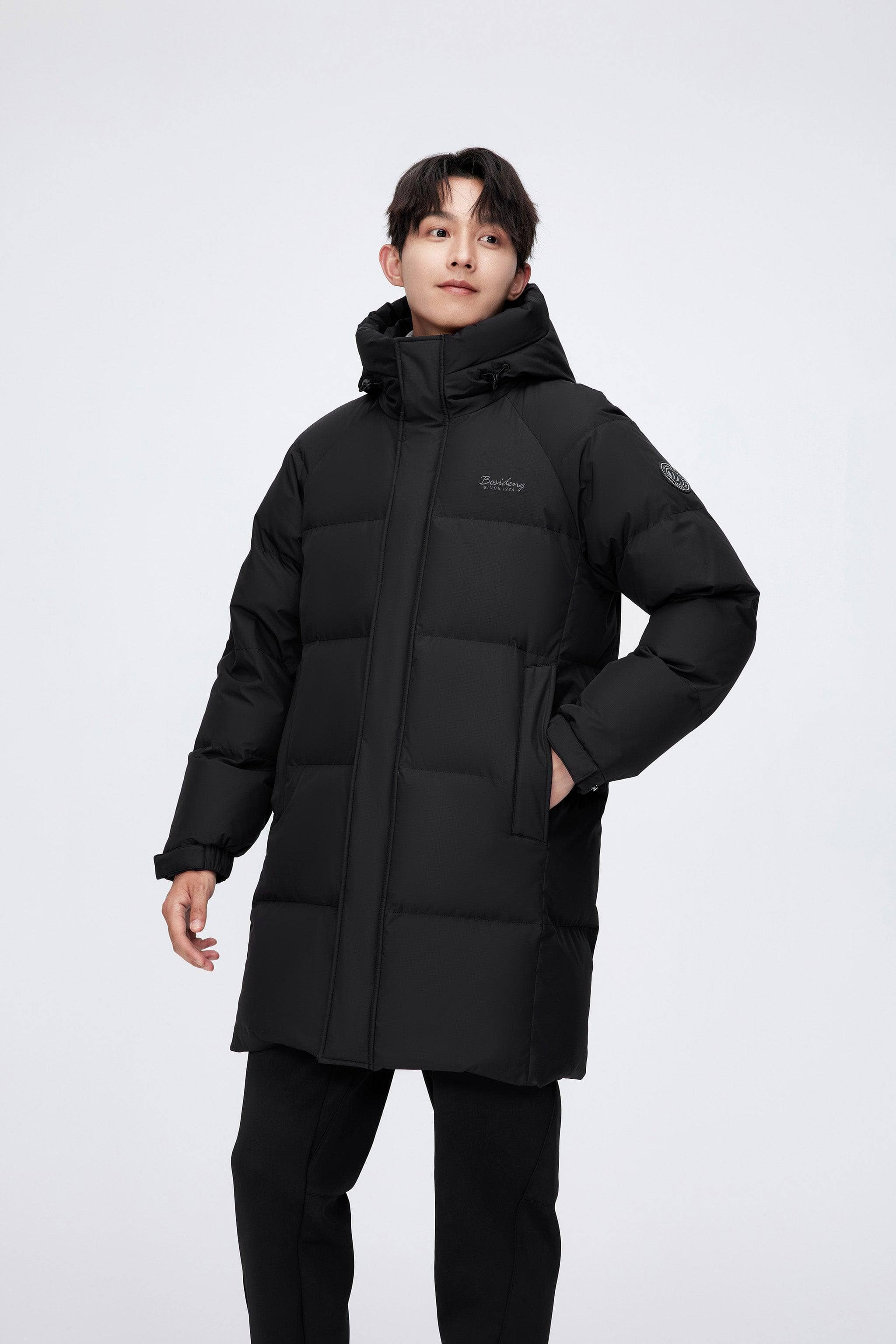 Men s full length down coat with hood 5229