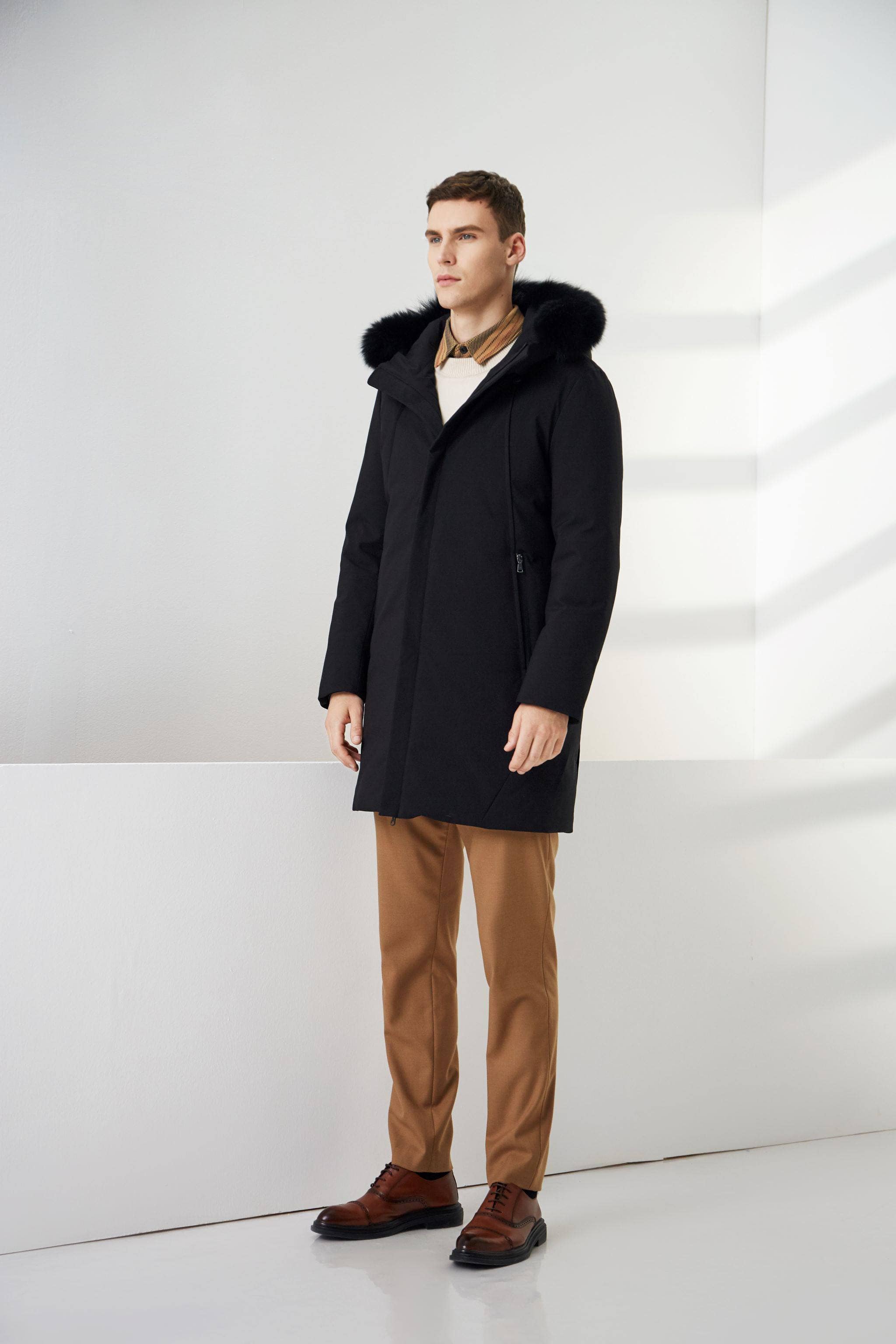 Detachable Fur Hood Trim Mid Length Goose Down Jacket