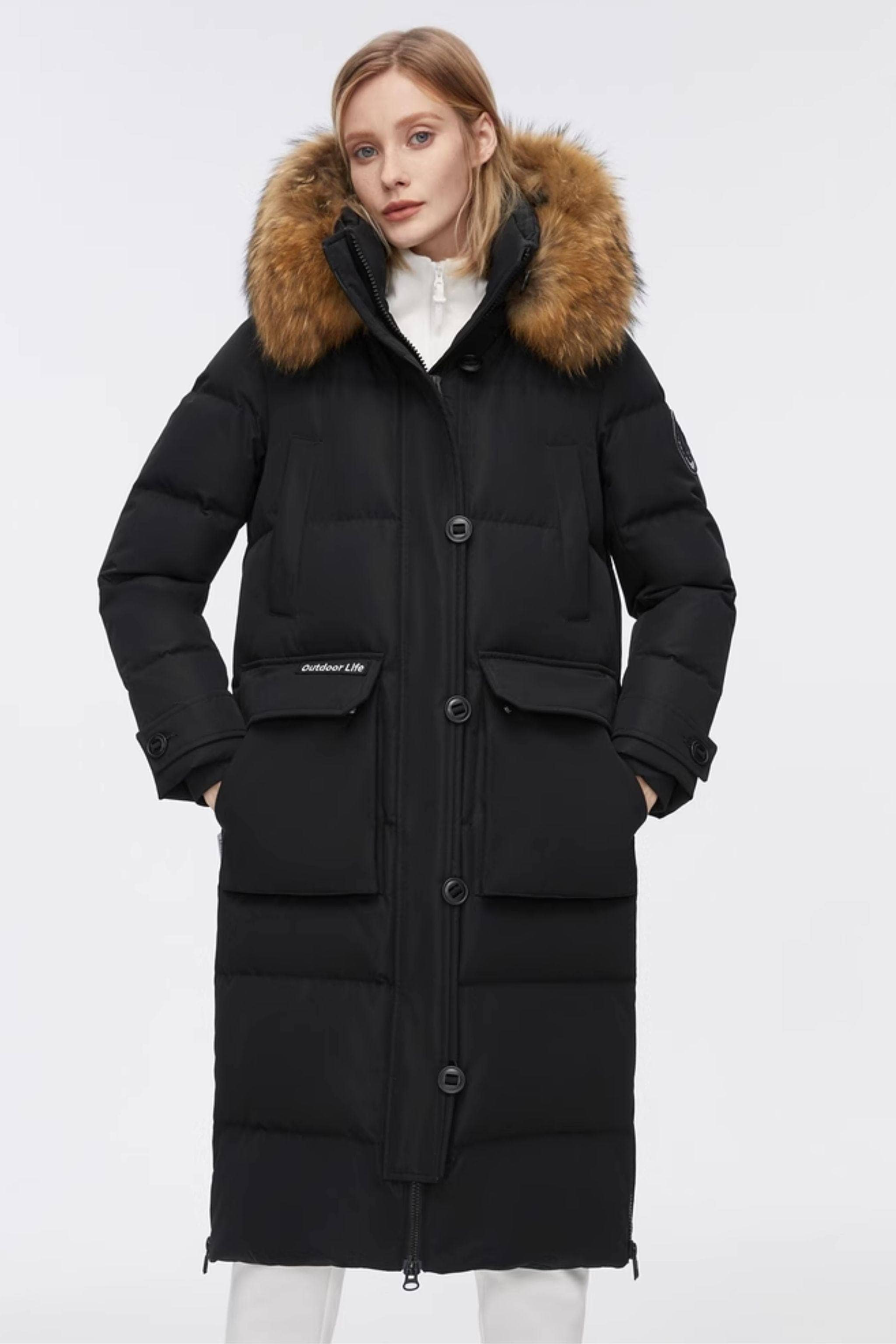 BOSIDENG 2022 Long Goose Down Jacket With Removable Fur Hood Jacket 6 / Black