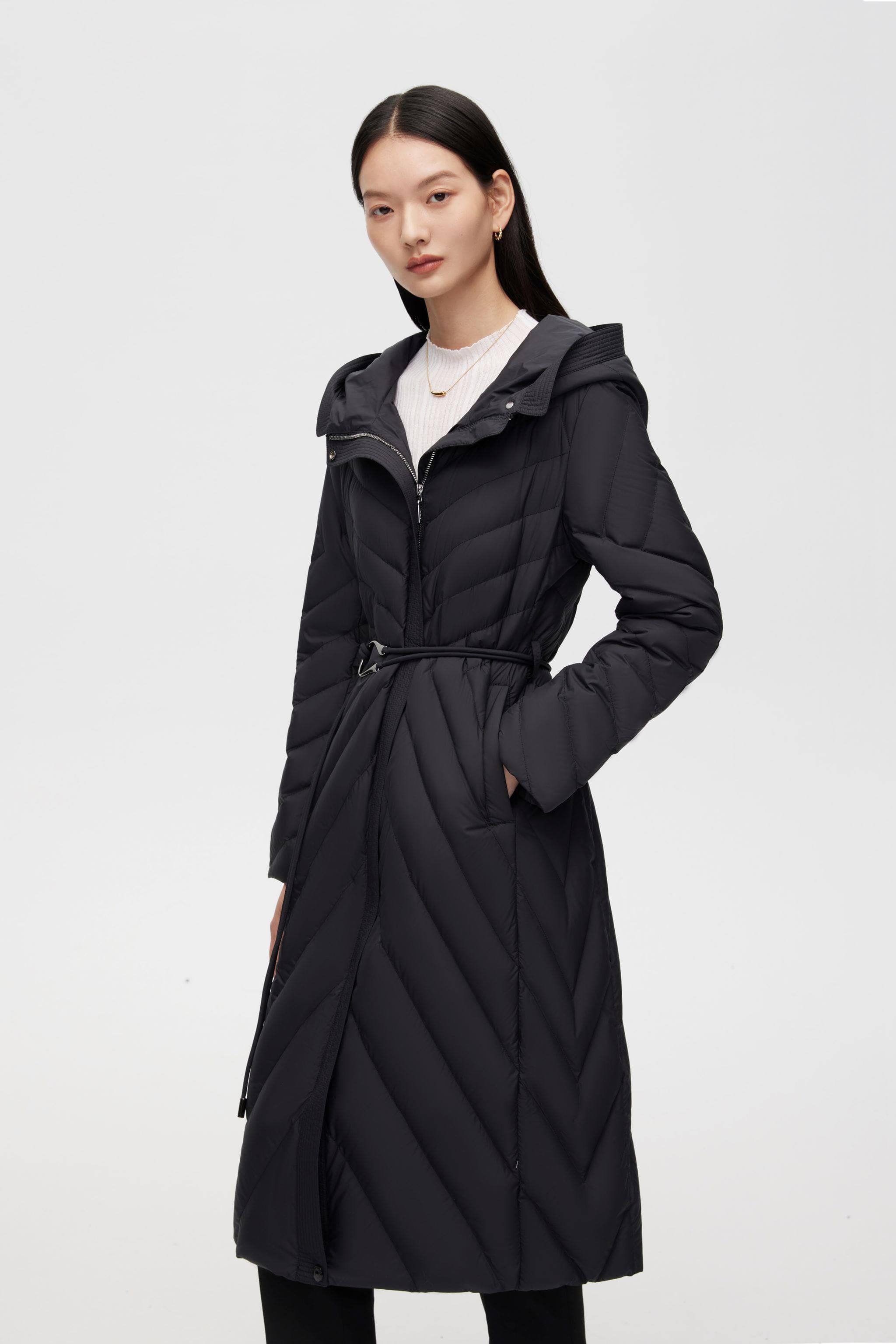 BOSIDENG 2022 Long Wrap Goose Down Coat With Belt Jacket 6 / Black