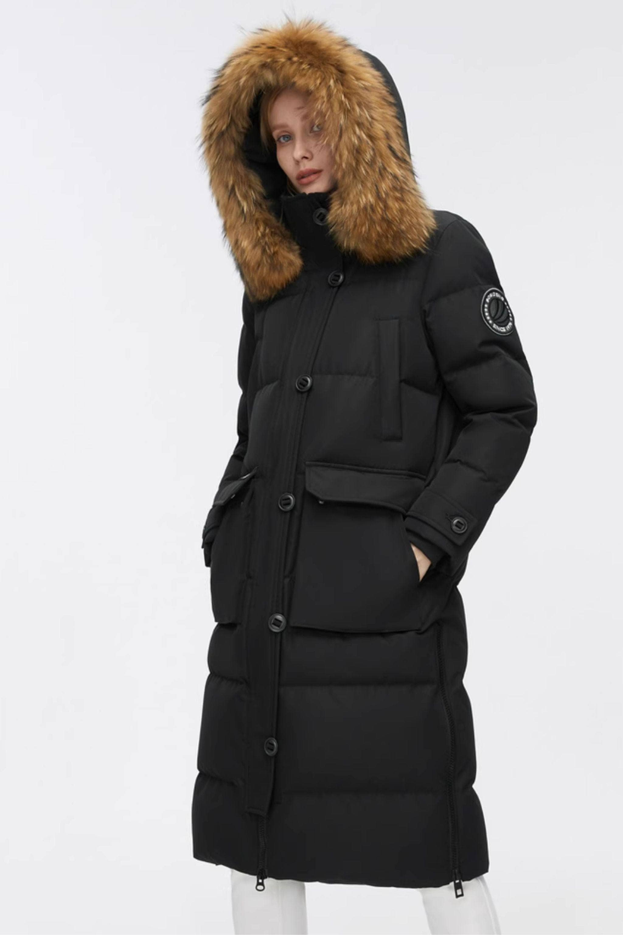 Long Goose Down Jacket With Removable Fur Hood