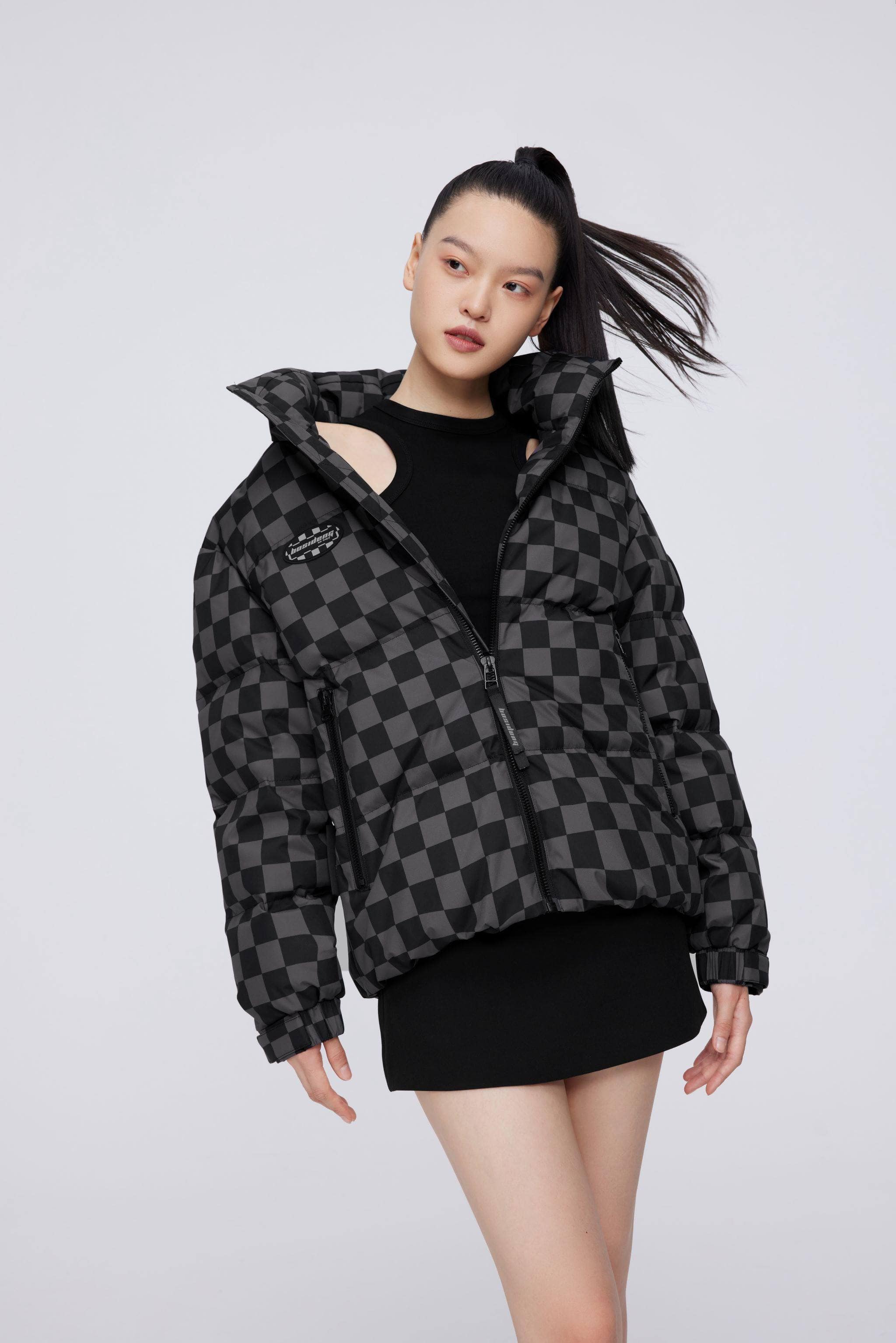 BOSIDENG 2022 Checkerboard Short Down Puffer Jacket XXS / Black and Grey Checkerboard