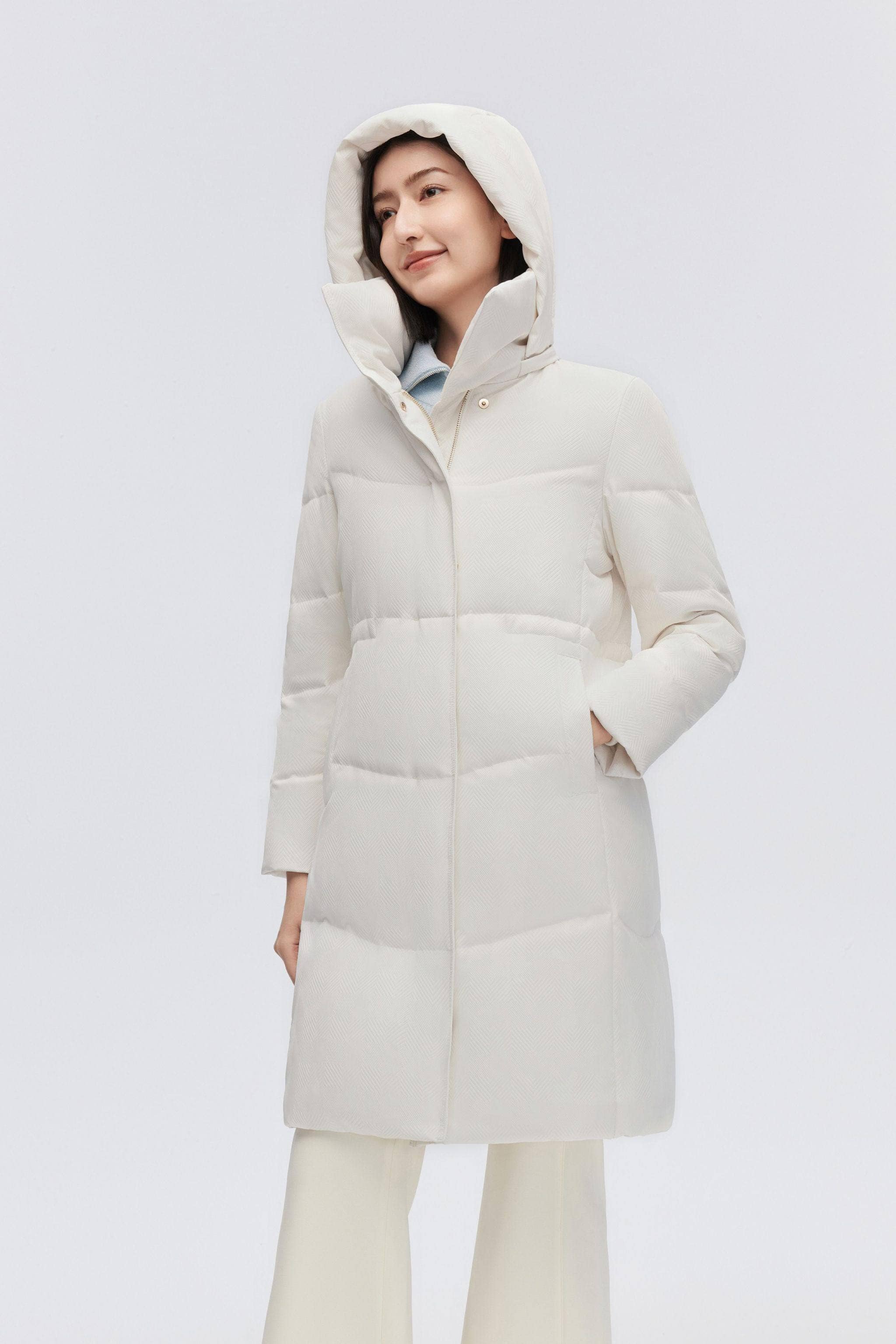 BOSIDENG 2023 Women's Classic Business Knee Length Goose Down Coat Jacket 4 / Off White Jacquard