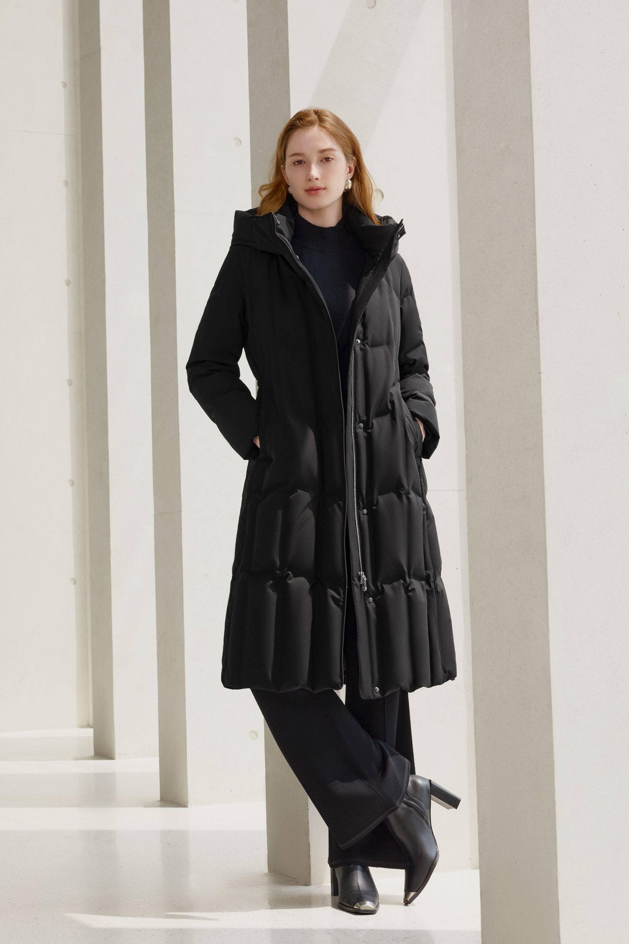 BOSIDENG 2024 Women’s Long Goose Down Coat With Elasticated Waist Coats Black / 4