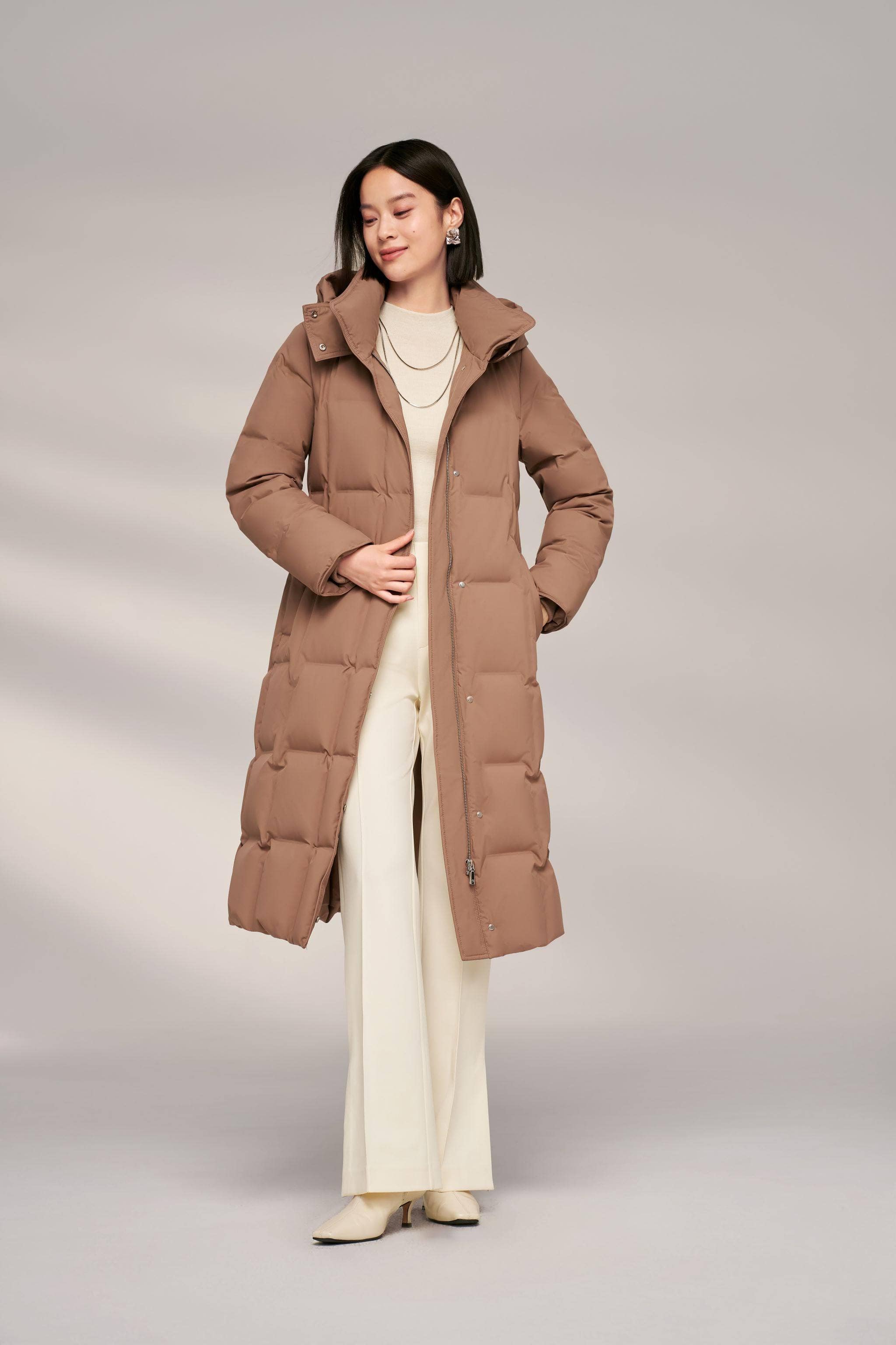 BOSIDENG 2024 Women’s Patterned Long Goose Down Coat With Belt Coats Coffee / 4