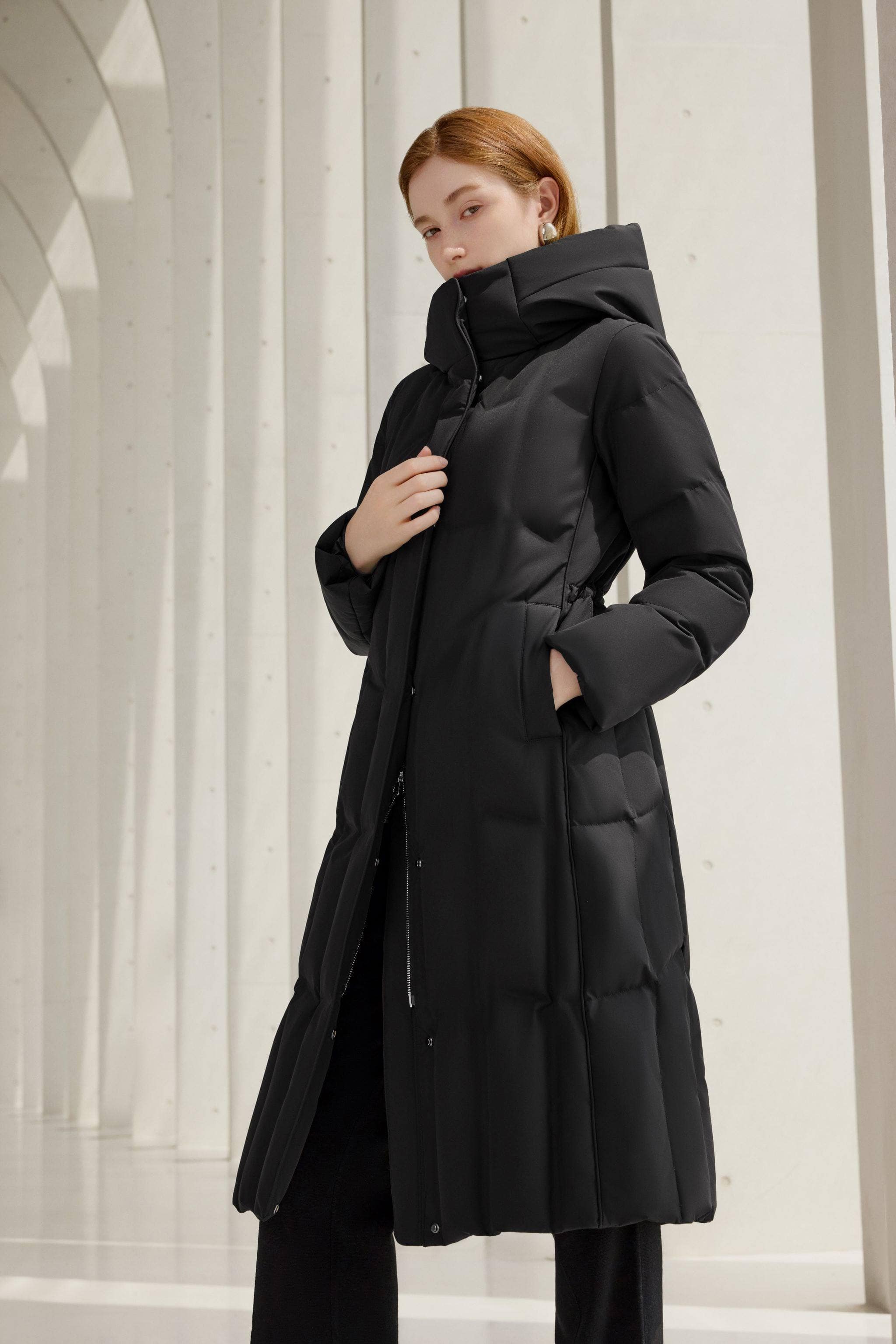 Women s Long Goose Down Coat With Elasticated Waist