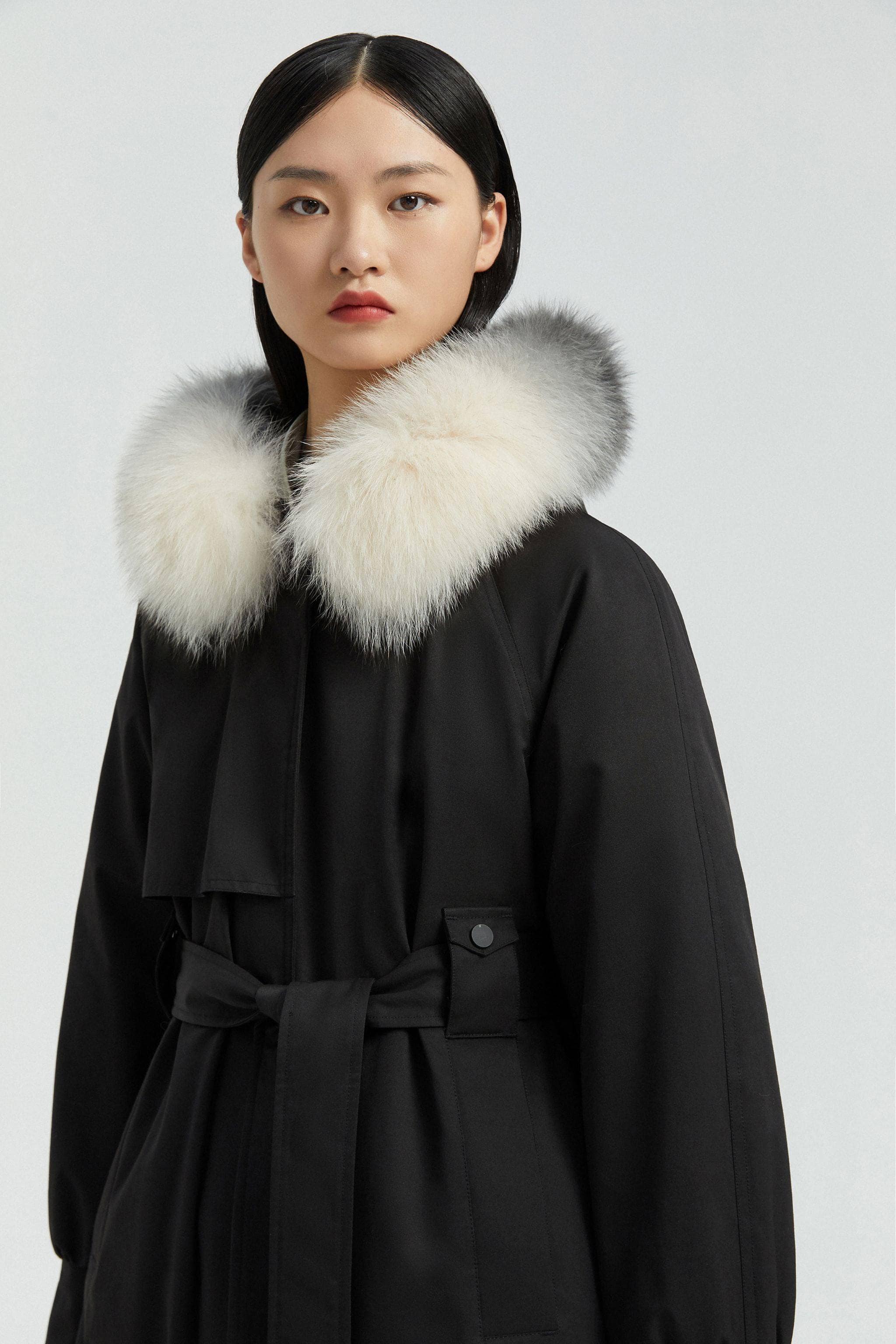 BOSIDENG Hooded Trench Coat with Fur Trim Coat