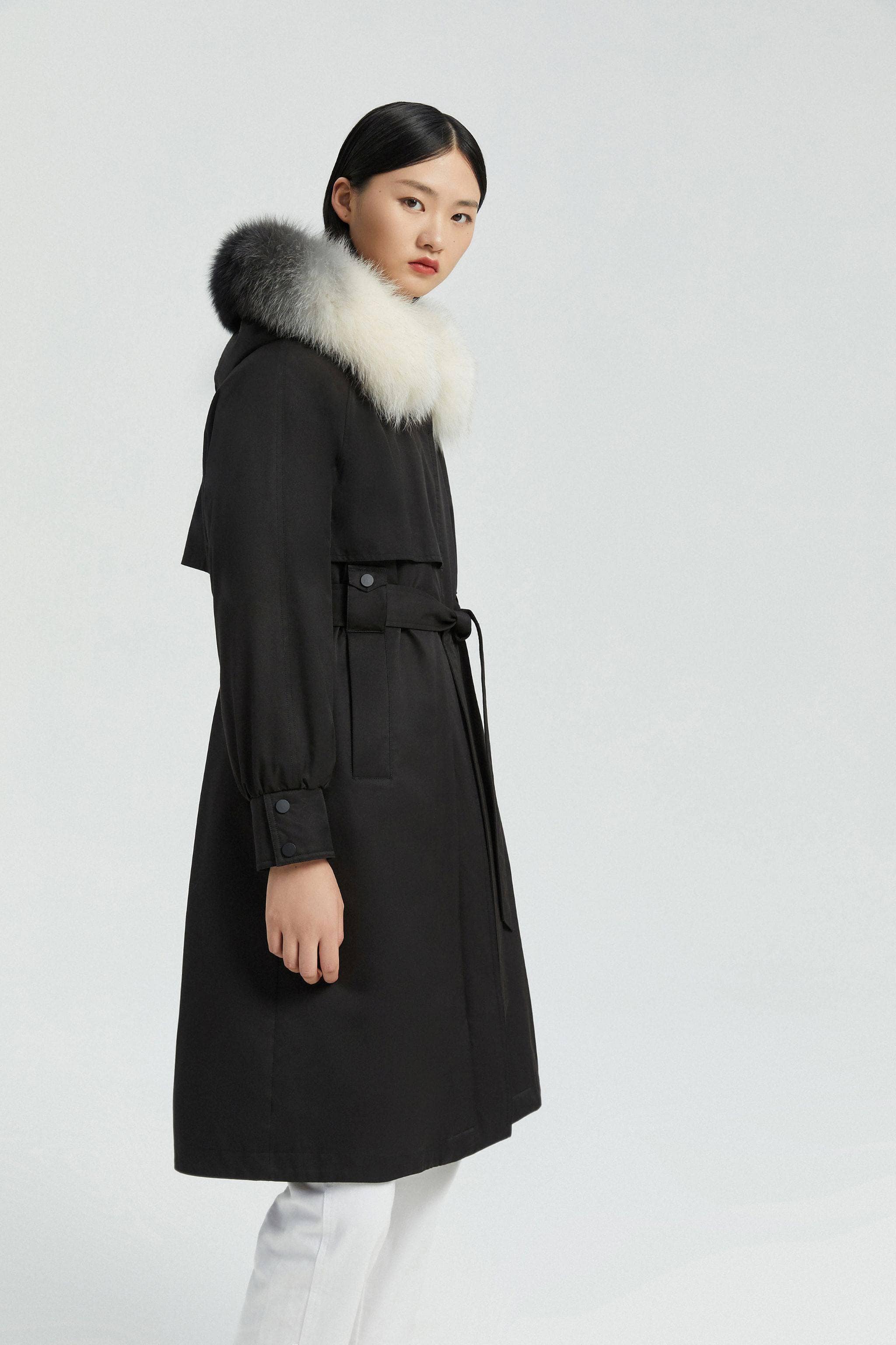 BOSIDENG Hooded Trench Coat with Fur Trim Coat