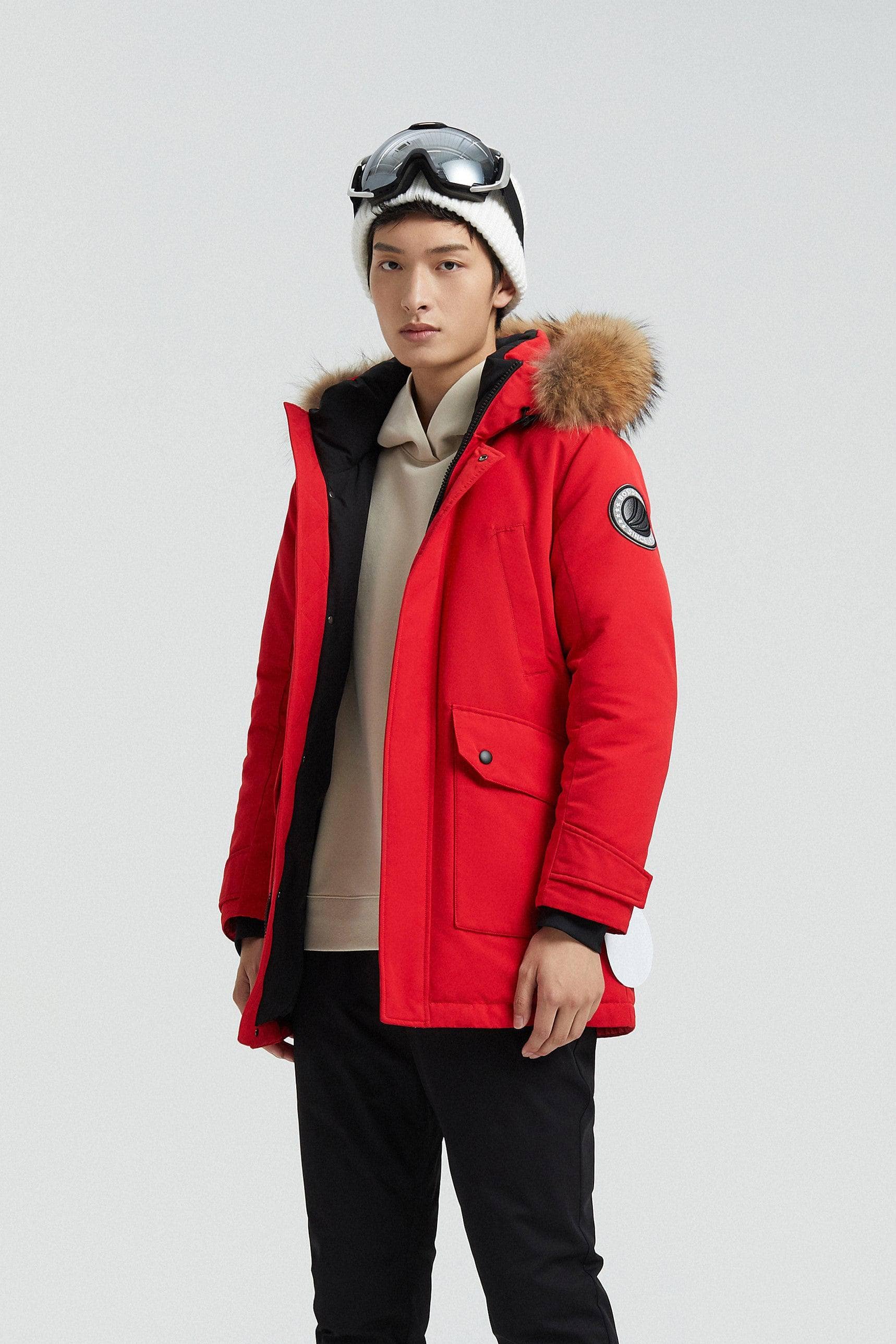 BOSIDENG Goose Down Hooded Parka with Fur Trim Parka XS / Red