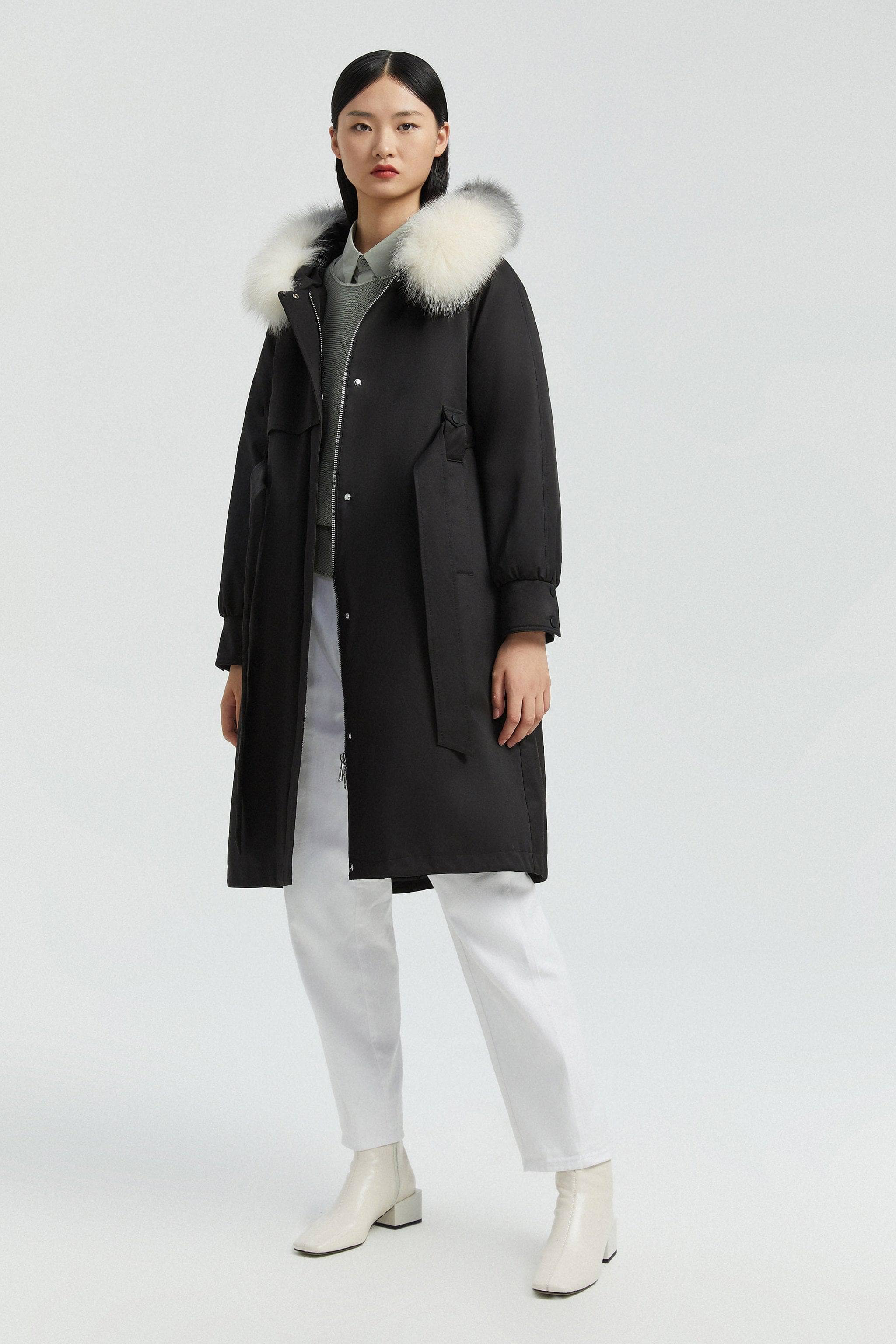 BOSIDENG Hooded Trench Coat with Fur Trim Coat